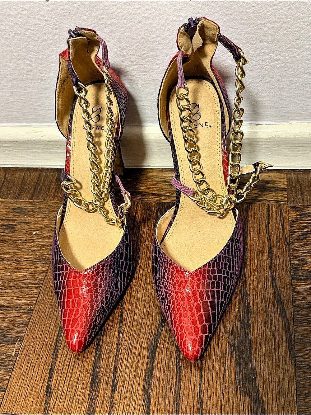 Pointed Toe Chain Strap Heels in Red & Purple
